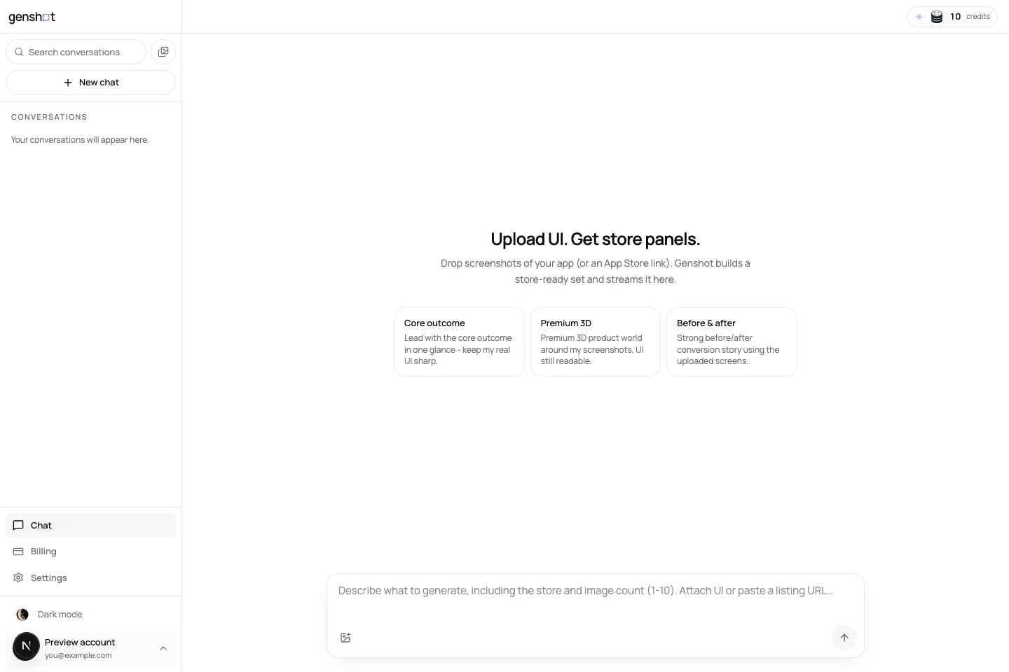 Genshot web dashboard for creating store screenshots from UI or a listing link